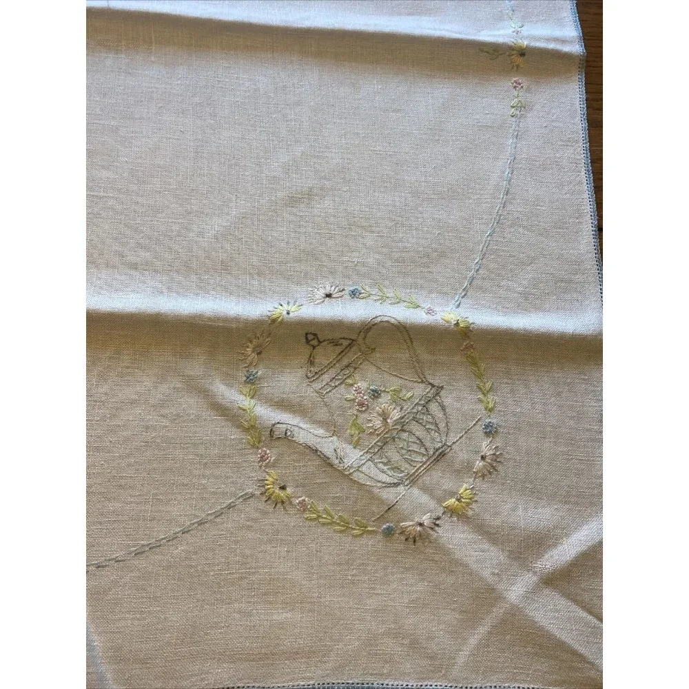 Vintage Table Cloth Linen Ivory Blue Flowers Pitcher Square  35